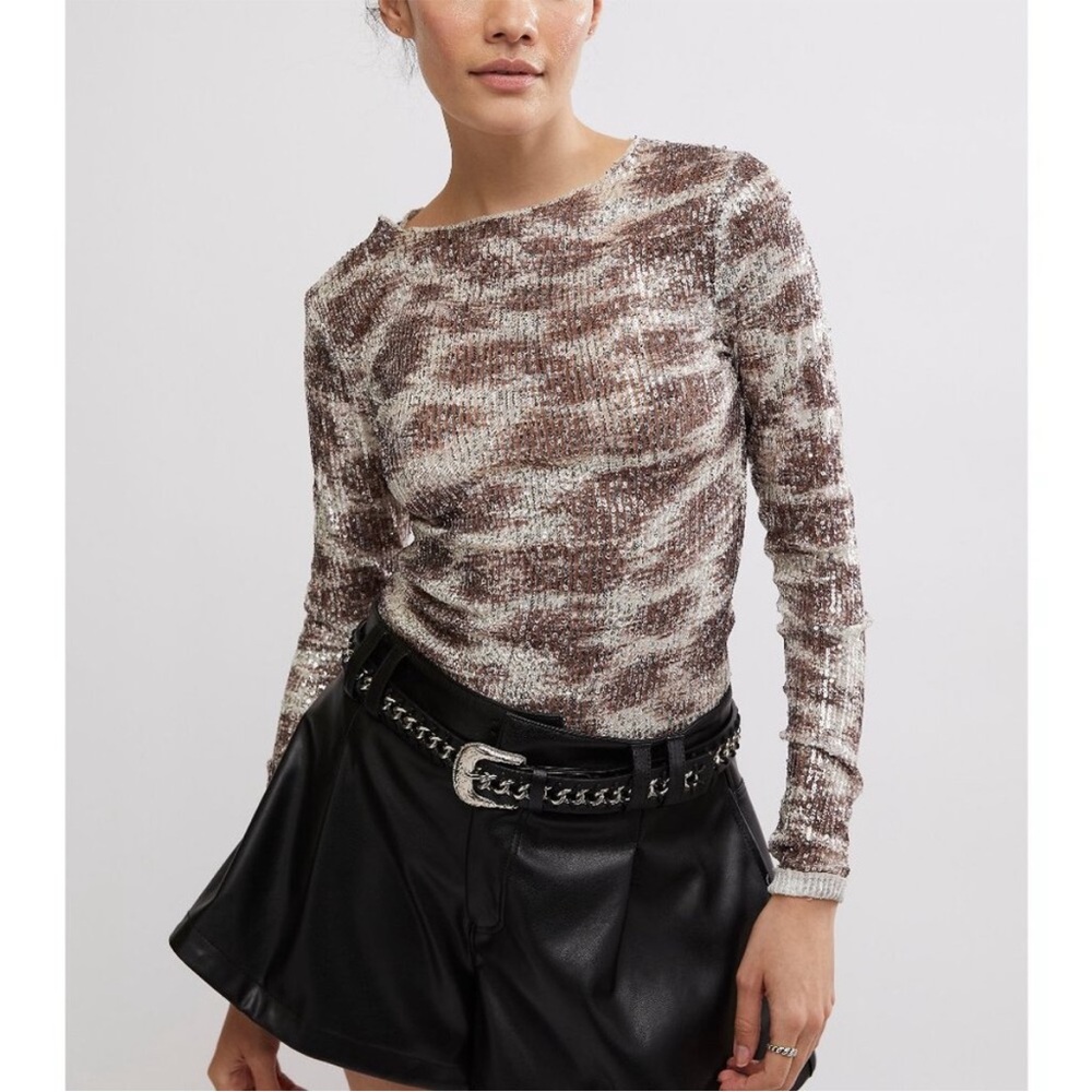 FREE PEOPLE Printed Gold Rush Long Sleeve / Alabaster Combo NWT XS mesh top